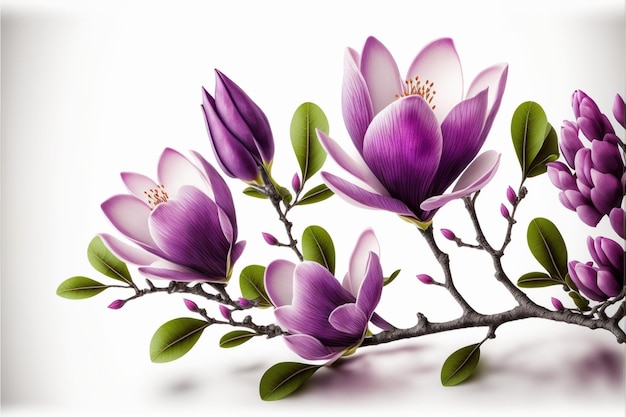 A branch of purple flowers with green leaves on a white background.