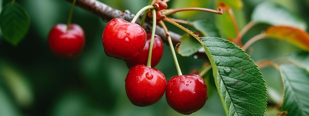 Branch of ripe cherries on a tree in a garden selective focus Generative Ai