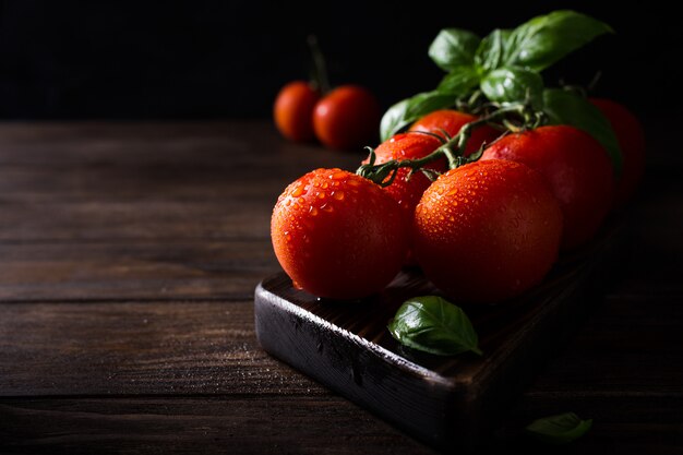 Ветка спелых натуральных томатов и листьев базилика