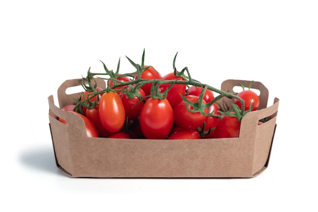 배경에서 분리된 재활용 상자에 있는 가지 토마토