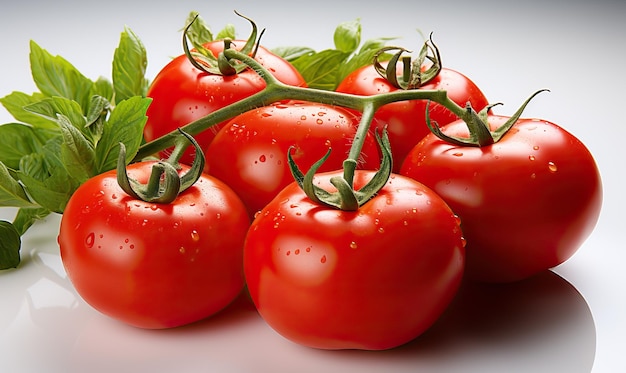 Branch of tomatoes with leaves isolated on white background selective soft focus