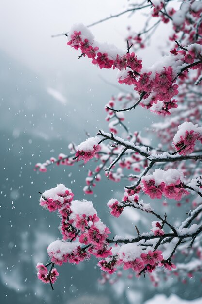 Photo the branch of tree has covered with heavy snow and sunset time in winter season ai generated illustration