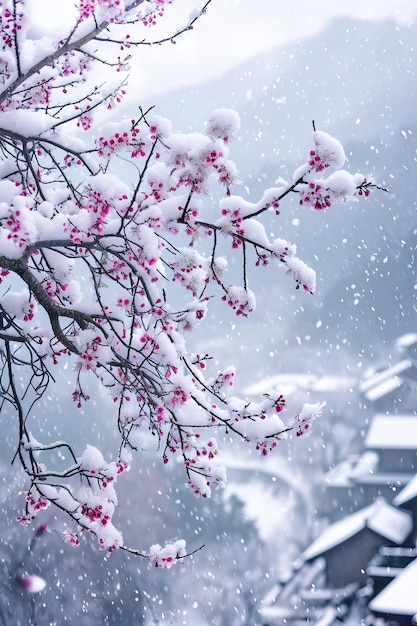 Photo the branch of tree has covered with heavy snow and sunset time in winter season ai generated illustration