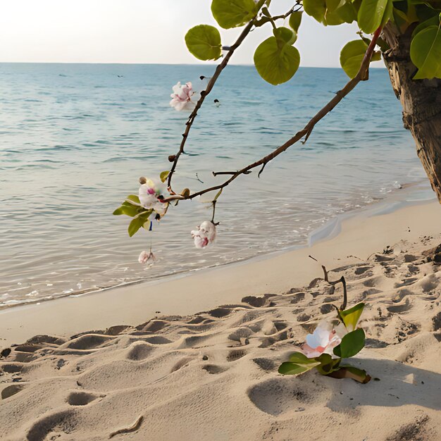 a branch of a tree with flowers in the sand