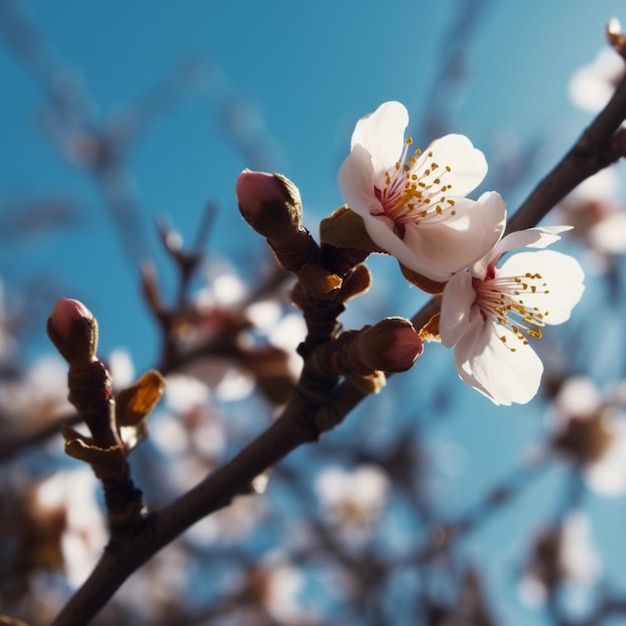 "봄"이라고 적힌 꽃이 있는 나무 가지.