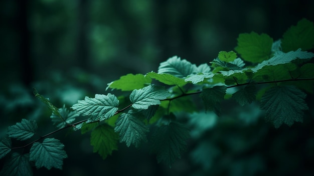 A branch of a tree with leaves in the dark