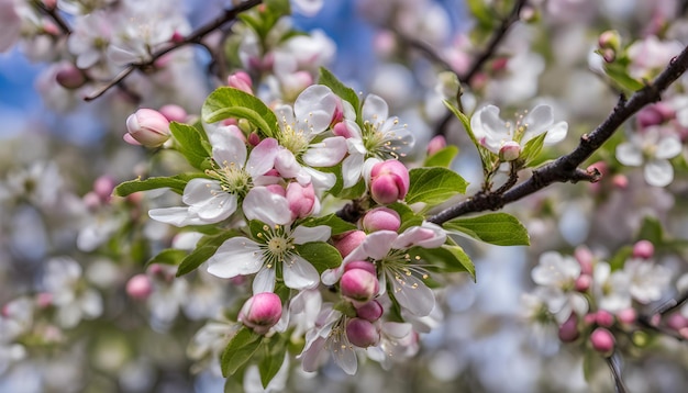 a branch of a tree with pink flowers and a bee on it