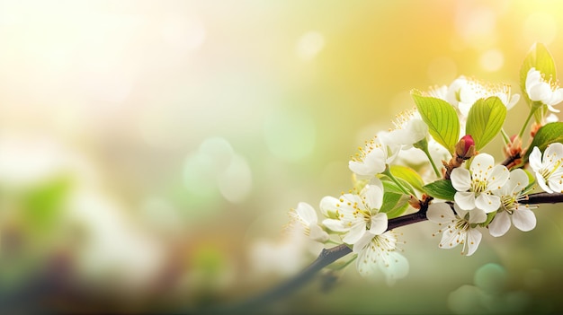 A branch of a tree with white flowers and green leaves