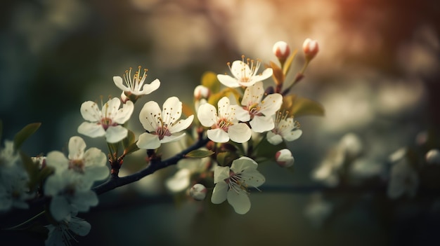 A branch of a tree with white flowers