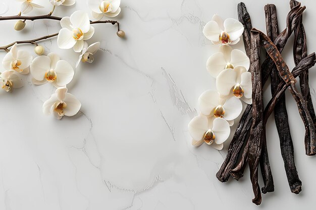 A branch of vanilla and white orchids on a marble surface with vanilla sticks and flowers on the