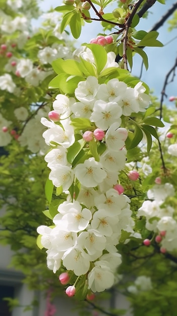 A branch of white cherry blossoms with pink flowers.
