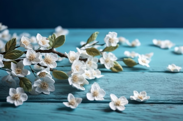 A branch of white flowers on a blue background