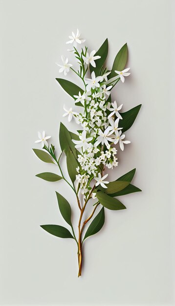 A branch of white flowers with green leaves on a gray background.