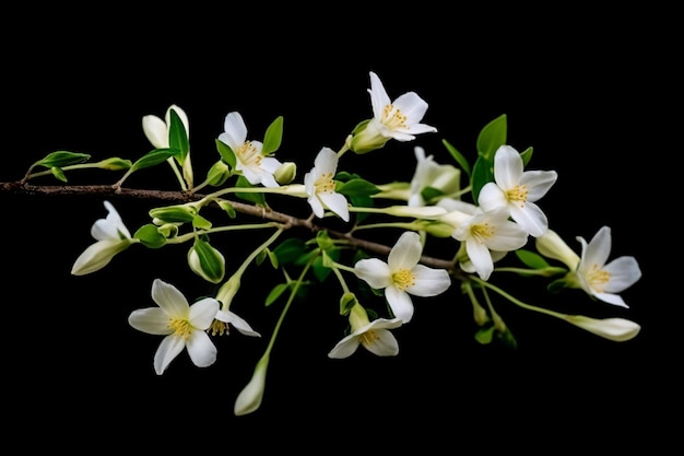 a branch of white flowers with green leaves