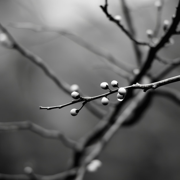 A branch with berries and a black and white photo of a tree branch.