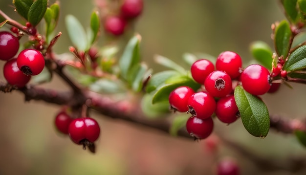 a branch with berries that has a red berry on it
