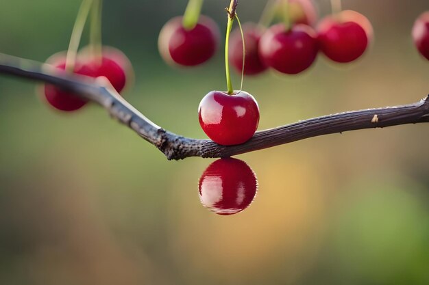 Photo a branch with cherries on it and a reflection of the cherry.