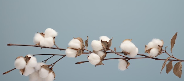 Branch with cotton flowers and leaves against blue sky