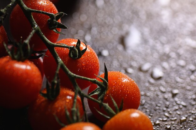 Branch with fresh cherry tomatoes. Ripe red tomatoes. Tomatoes and pasta with spices