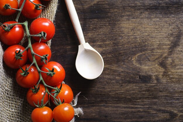 Branch with fresh cherry tomatoes. Ripe red tomatoes. Tomatoes and pasta with spices