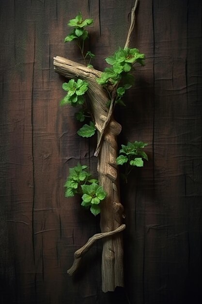 A branch with green leaves is on a wooden background.