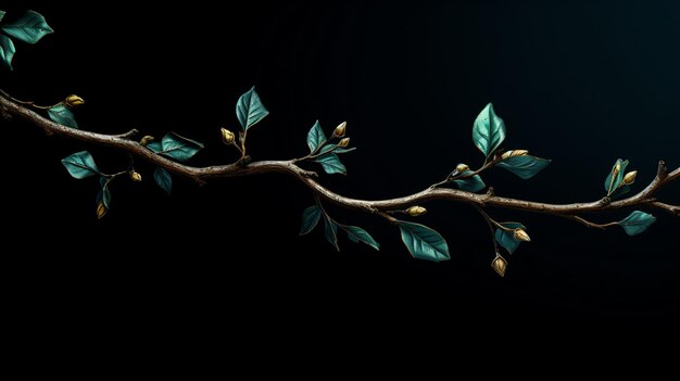 a branch with leaves and buds on a dark background