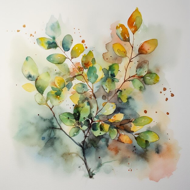 Branch with leaves on watercolor background