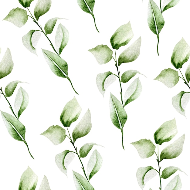 Branch with leaves watercolor seamless pattern