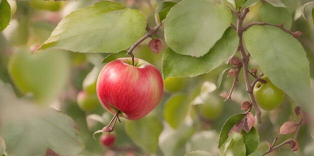 Branch with natural apples on a blurred background