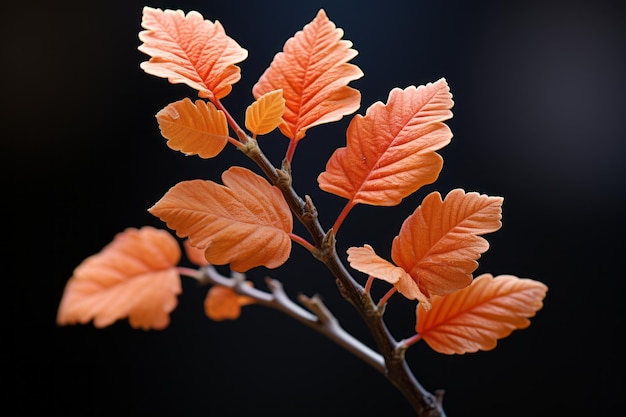 a branch with orange leaves on it against a black background