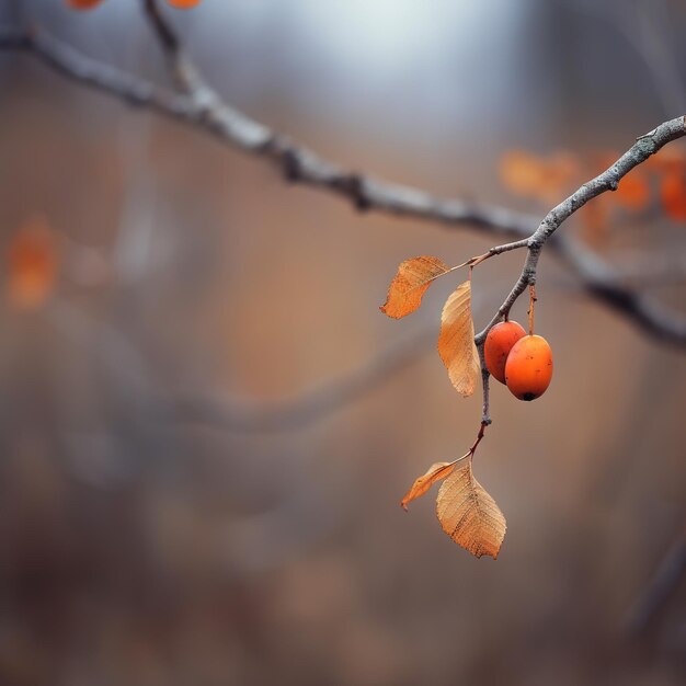 A branch with orange leaves and a red berry on it.