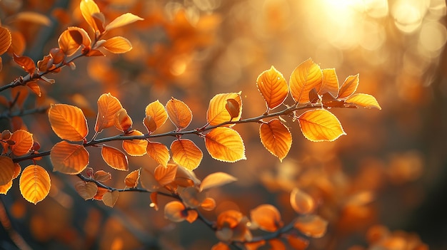 a branch with orange leaves and the sun behind it