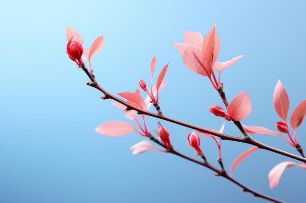 青い空を背景にピンクの花が咲く枝