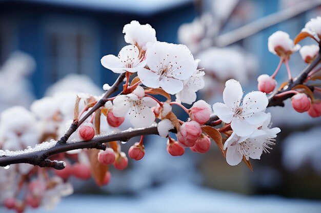 A branch with pink flowers covered in white snow