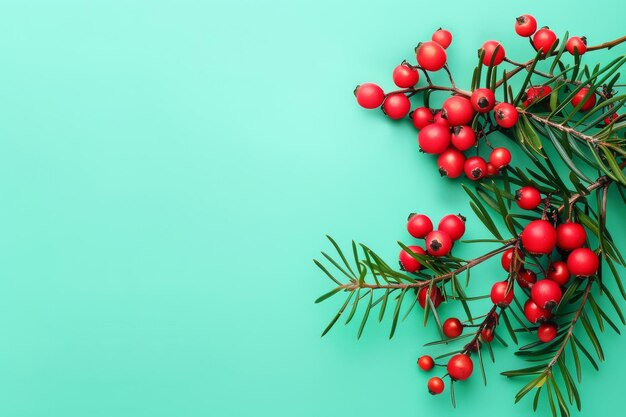 Branch With Red Berries on Green Background