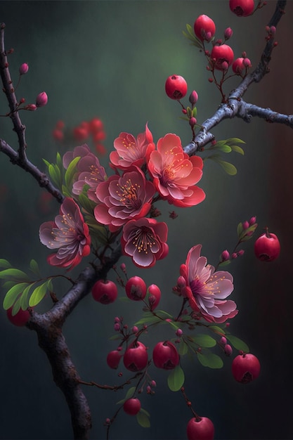 Branch with red flowers and green leaves generative ai