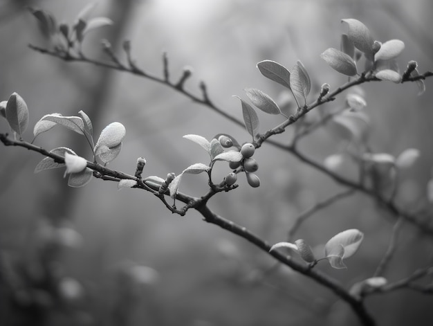 A branch with small white flowers and leaves on it