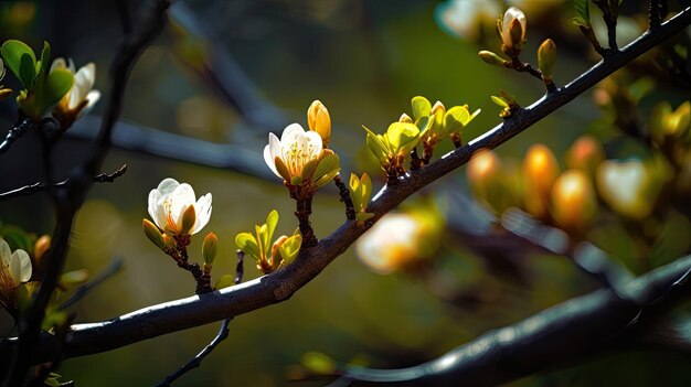 白い花と緑の葉を持つ枝