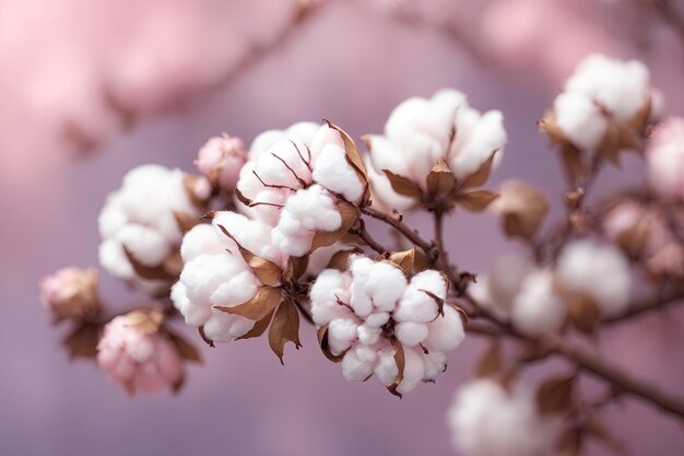 Branch with white fluffy cotton flowers on beige background flat lay Delicate light beauty cotton background