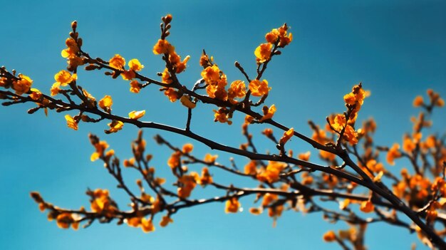 A branch with yellow flowers against a blue sky