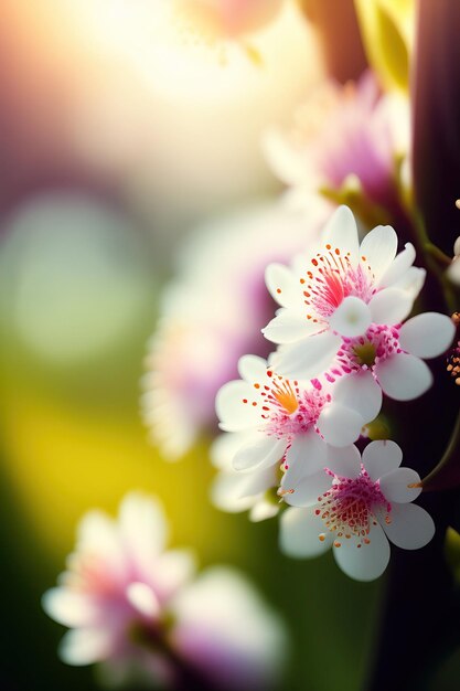 Branches of beautiful white flowers of cherry and young leaves Blooming garden background