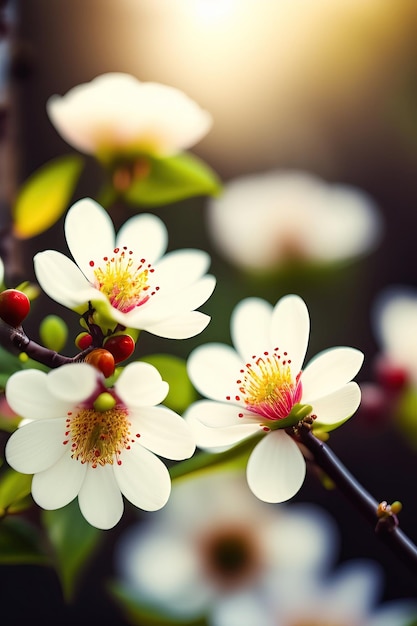 Branches of beautiful white flowers of cherry and young leaves Blooming garden background