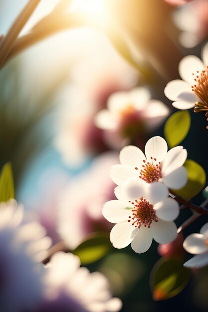 桜と若葉の美しい白い花の枝咲く庭の背景