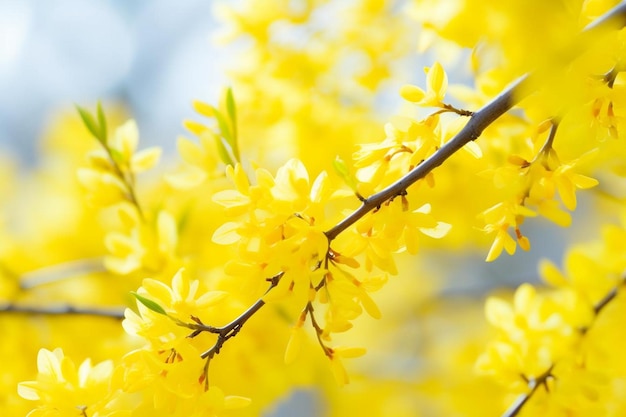 Photo branches of a blooming spring forsythia tree on a soft pastel background