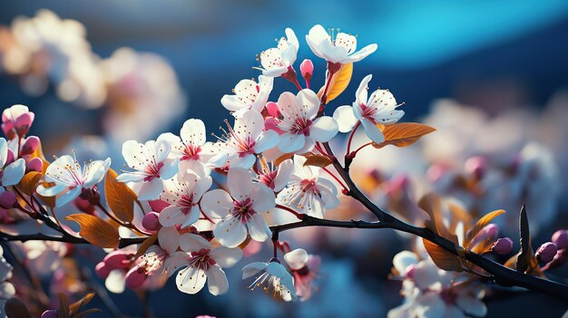 Branches of blossoming cherry against background of blue sky and fluttering butterflies incopy space