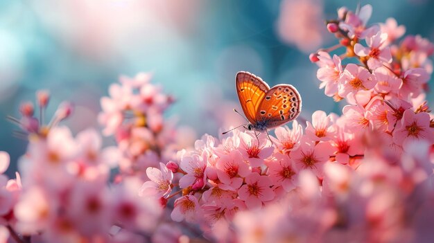 Branches blossoming cherry on background blue sky fluttering butterflies in spring on nature outdoor