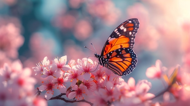 Branches blossoming cherry on background blue sky fluttering butterflies in spring on nature outdoor