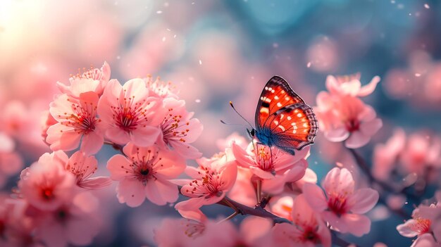 Branches blossoming cherry on background blue sky fluttering butterflies in spring on nature outdoor