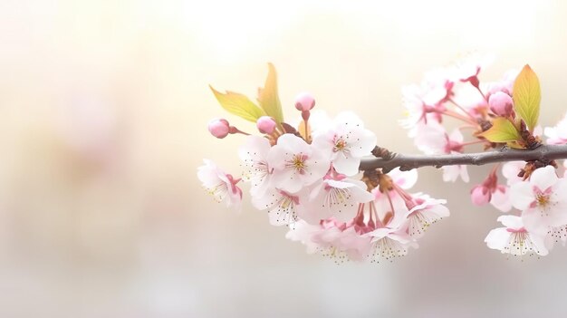 Branches of blossoming cherry blurry soft white background