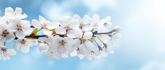 Branches of blossoming cherry macro with soft focus on gentle light blue sky background in sunlight